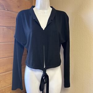 Ines Rasport Womens Large Black Striped Silk Long Sleeve Criss Cross Tie Top